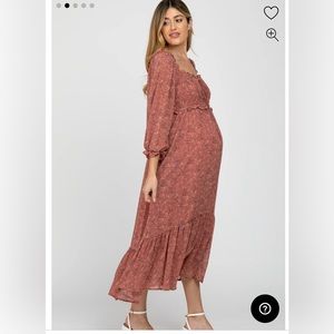 Pink blush maternity smocked 3/4 sleeve mauve midi dress size small